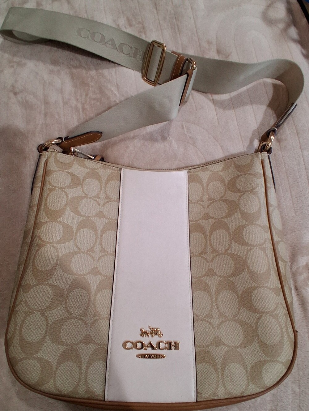 Coach Beige Signature Canvas Crossbody with Cream Center Panel